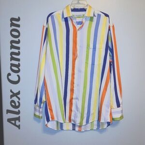 Alex Cannon Logo Tab Men's Long Sleeve Cotton Button-Up Striped Shirt Size Large